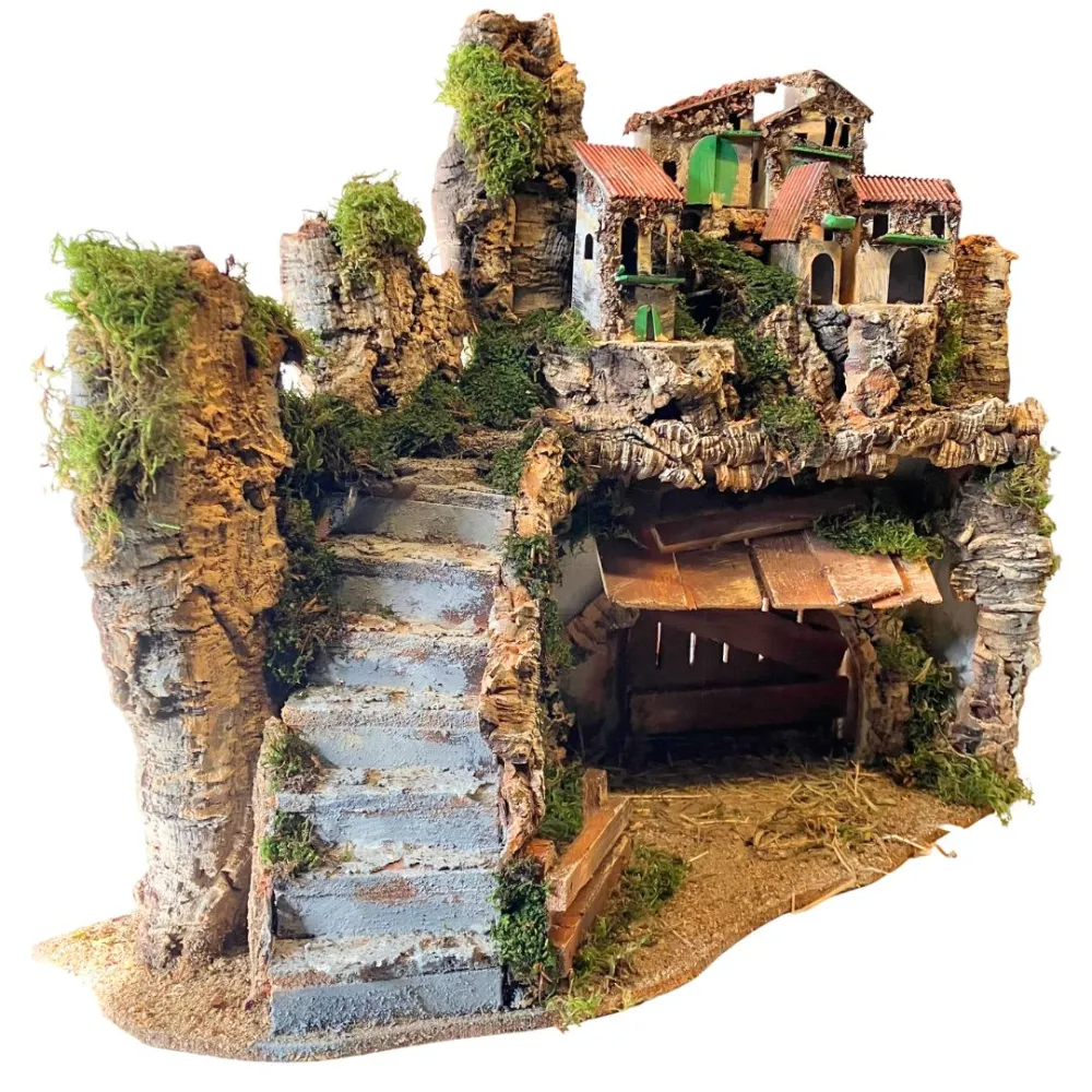 Wooden and Cork Nativity Village with Staircase and Lights for 12 cm Nativity Figures