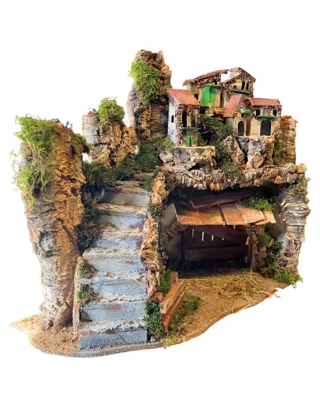 Borgo in legno e sughero per Natività da 12 cm con scale e luci