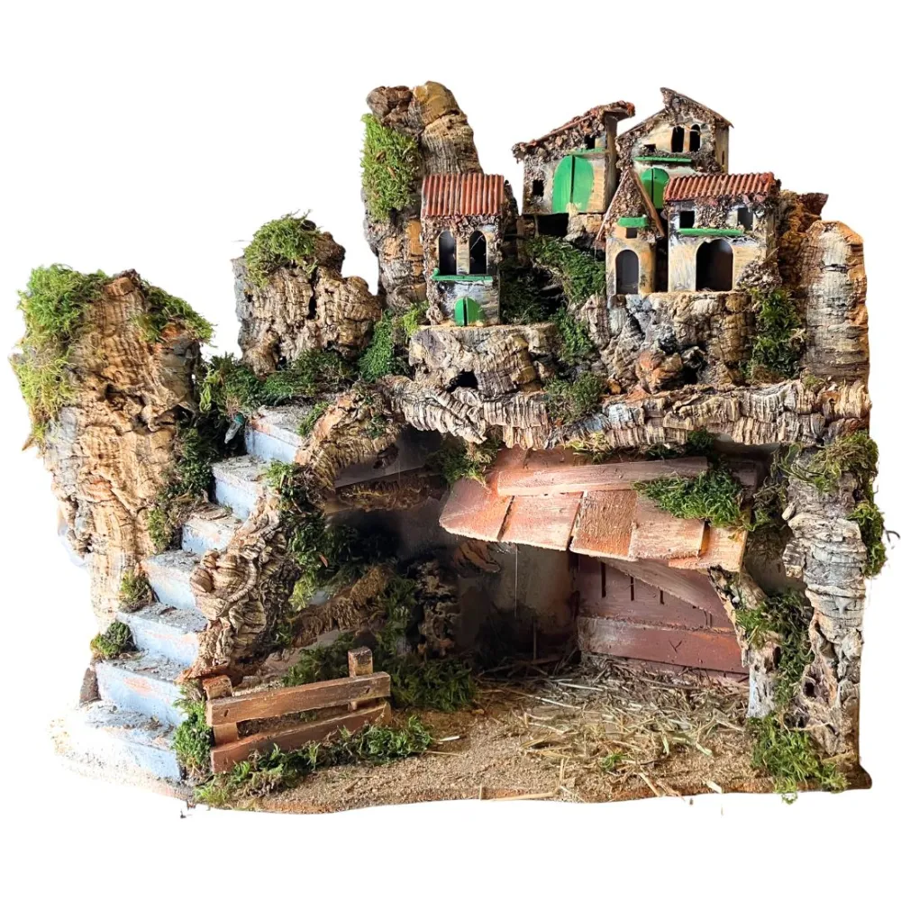 Wooden and Cork Nativity Village with Staircase and Lights for 12 cm Nativity Figures