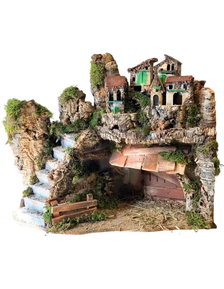 Wooden and Cork Nativity Village with Staircase and Lights for 12 cm Nativity Figures
