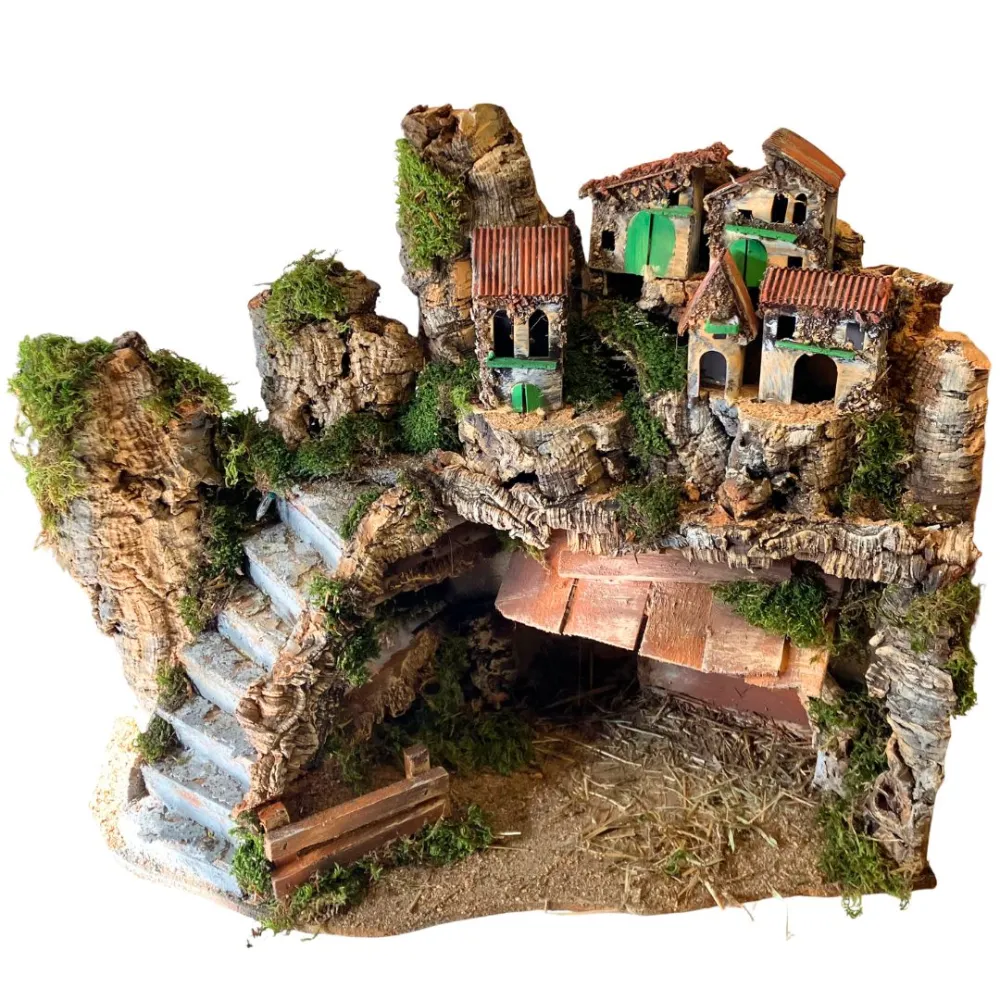 Wooden and Cork Nativity Village with Staircase and Lights for 12 cm Nativity Figures
