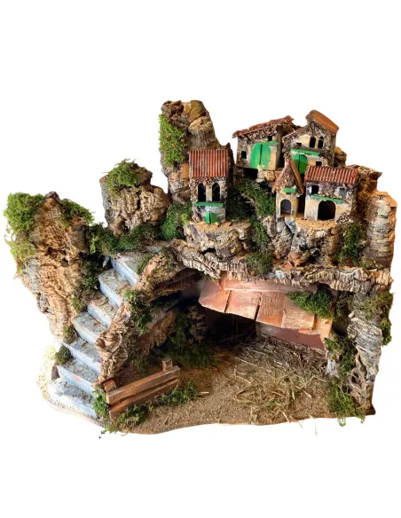 Borgo in legno e sughero per Natività da 12 cm con scale e luci