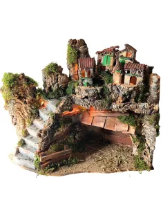 Wooden and Cork Nativity Village with Staircase and Lights for 12 cm Nativity Figures