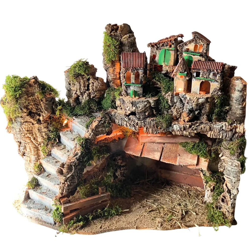 Borgo in legno e sughero per Natività da 12 cm con scale e luci