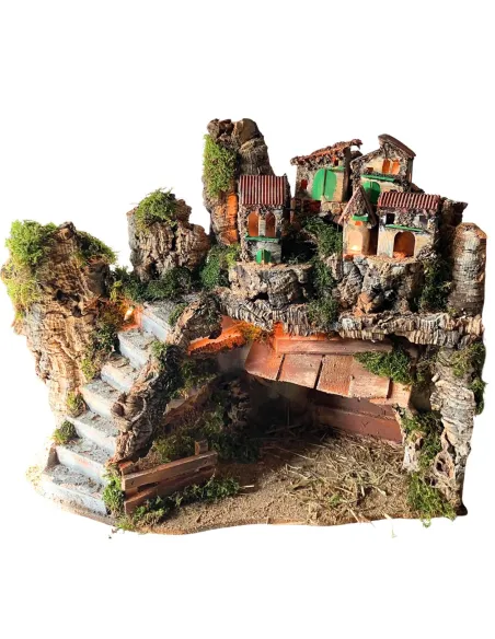 Borgo in legno e sughero per Natività da 12 cm con scale e luci