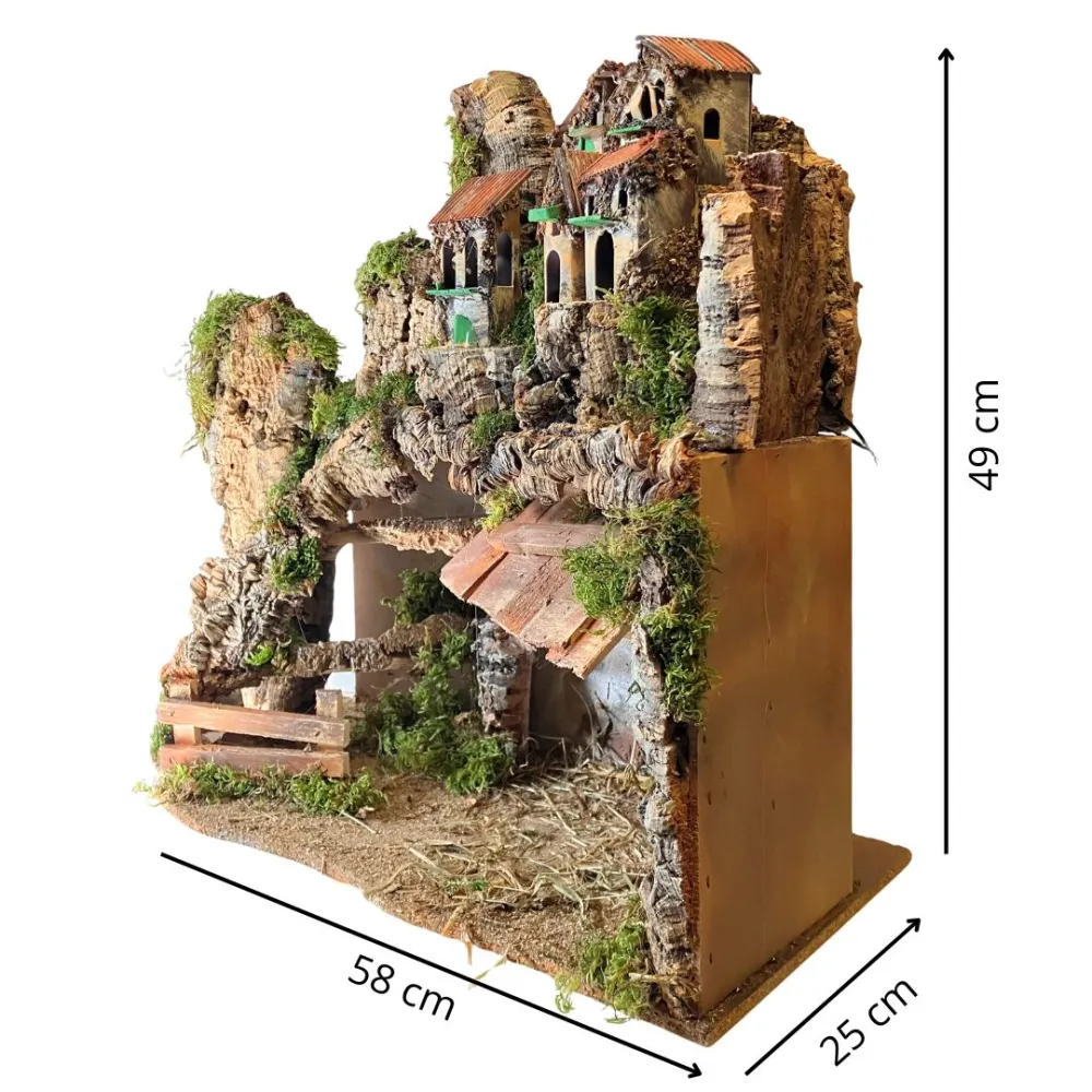 Borgo in legno e sughero per Natività da 12 cm con scale e luci