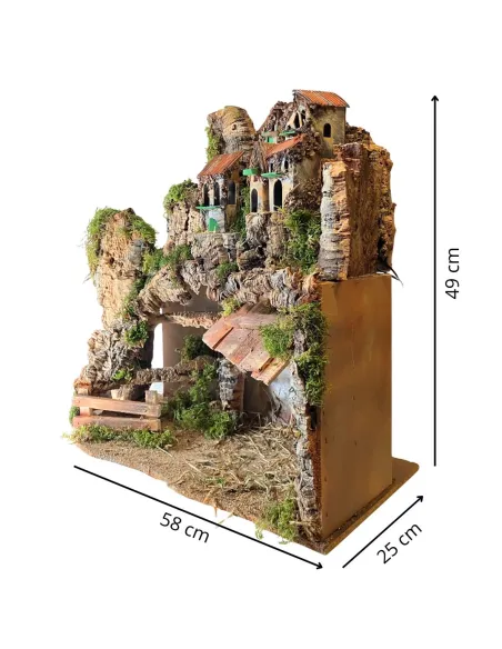 Borgo in legno e sughero per Natività da 12 cm con scale e luci