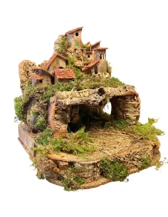 Borgo in legno e sughero per Natività 8-10 cm con doppia base e completo di luci 2