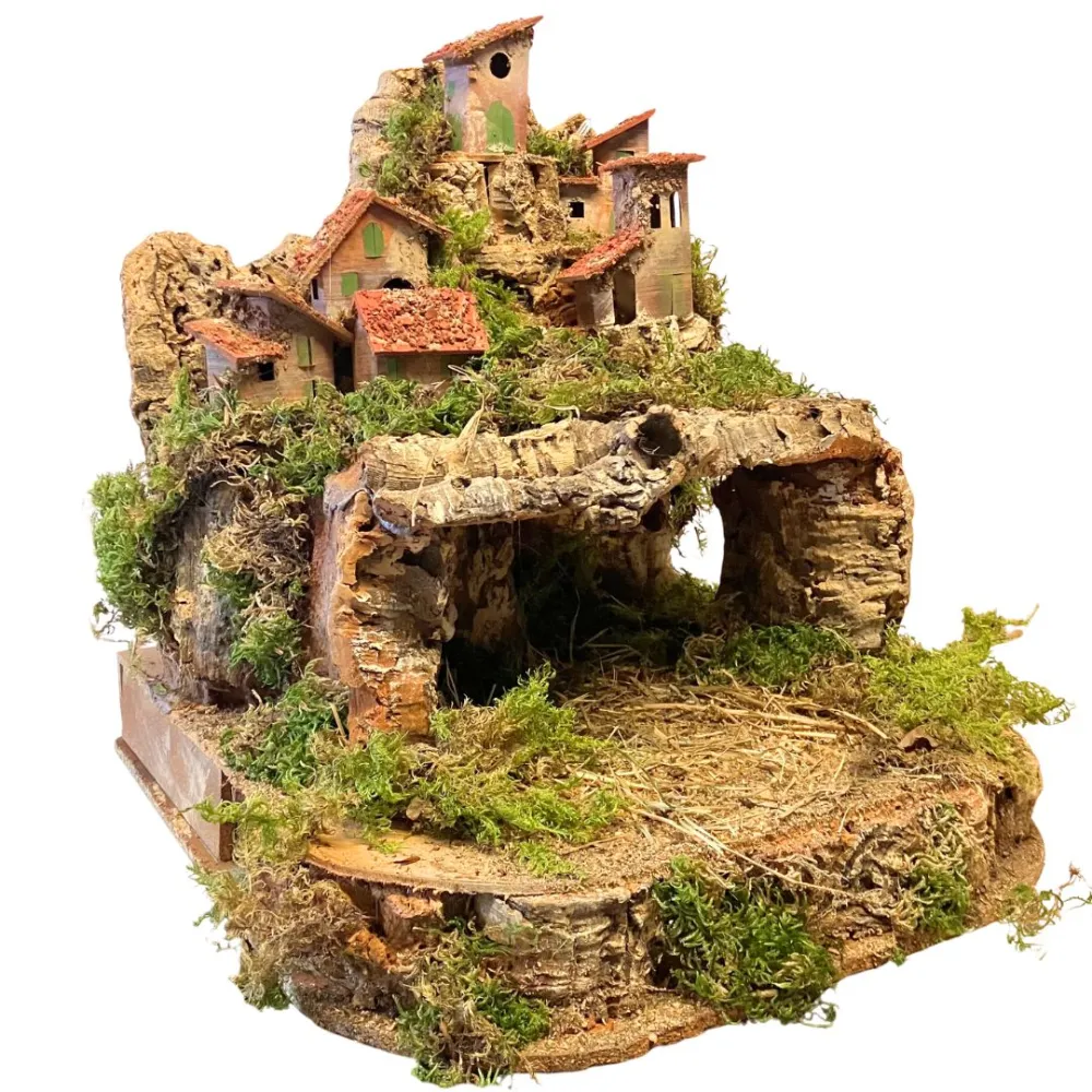 Borgo in legno e sughero per Natività 8-10 cm con doppia base e completo di luci