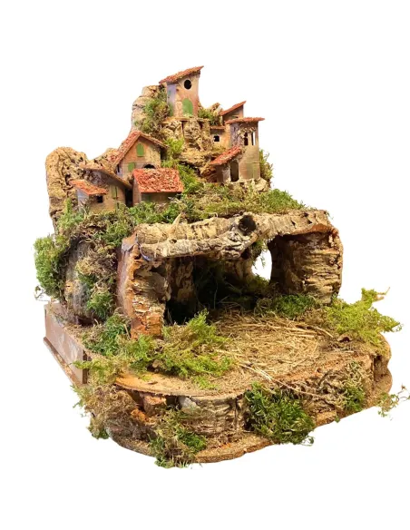 Borgo in legno e sughero per Natività 8-10 cm con doppia base e completo di luci