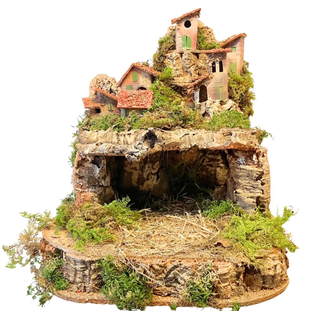 Wooden and Cork Nativity Village with Double-Level Base and Lights for 8–10 cm Nativity Figures