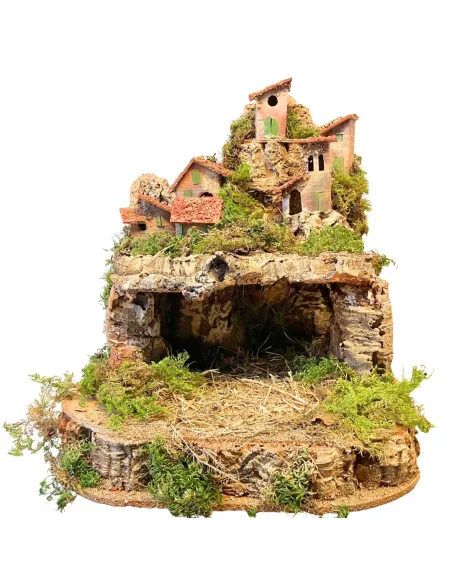 Borgo in legno e sughero per Natività 8-10 cm con doppia base e completo di luci