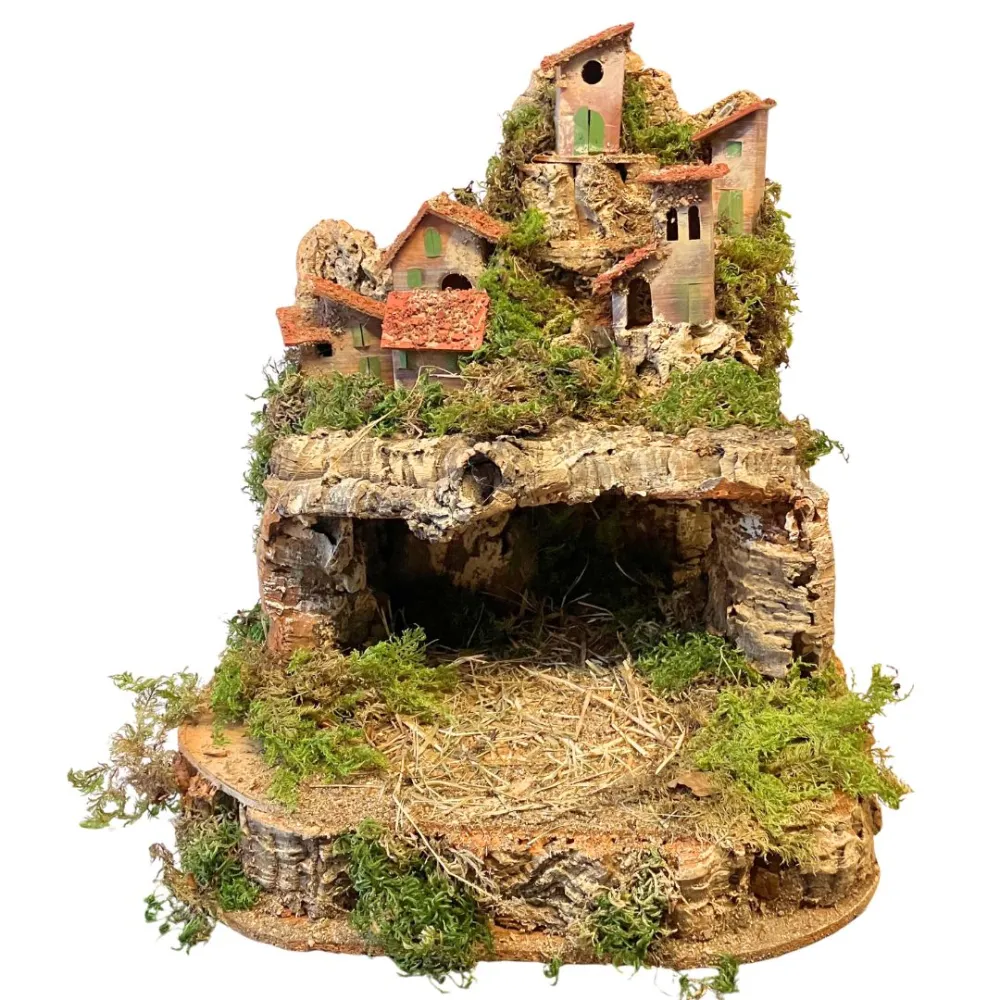 Borgo in legno e sughero per Natività 8-10 cm con doppia base e completo di luci