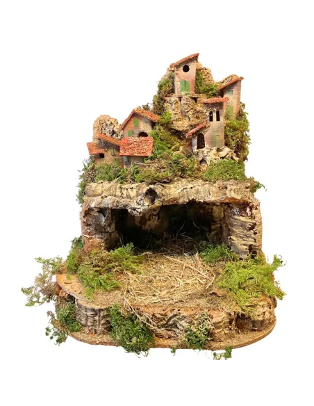 Borgo in legno e sughero per Natività 8-10 cm con doppia base e completo di luci