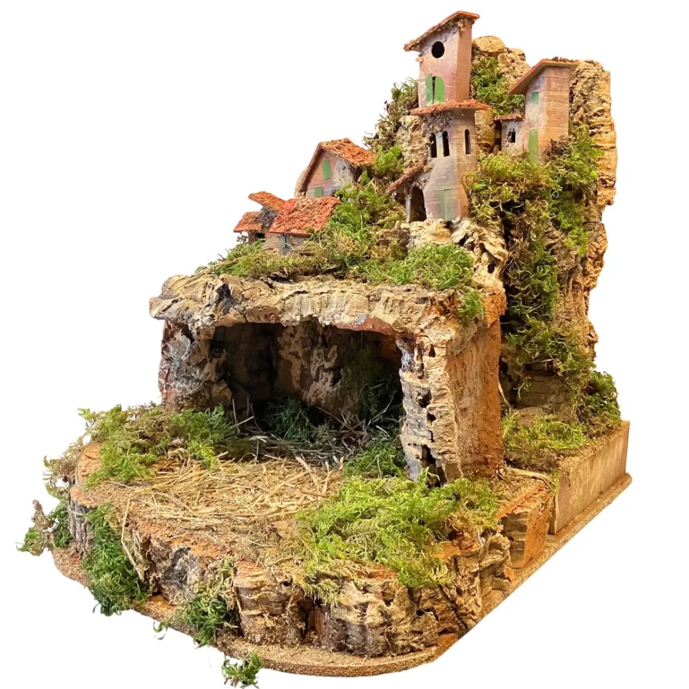 Borgo in legno e sughero per Natività 8-10 cm con doppia base e completo di luci