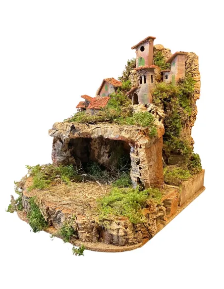 Borgo in legno e sughero per Natività 8-10 cm con doppia base e completo di luci