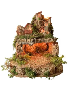 Borgo in legno e sughero per Natività 8-10 cm con doppia base e completo di luci