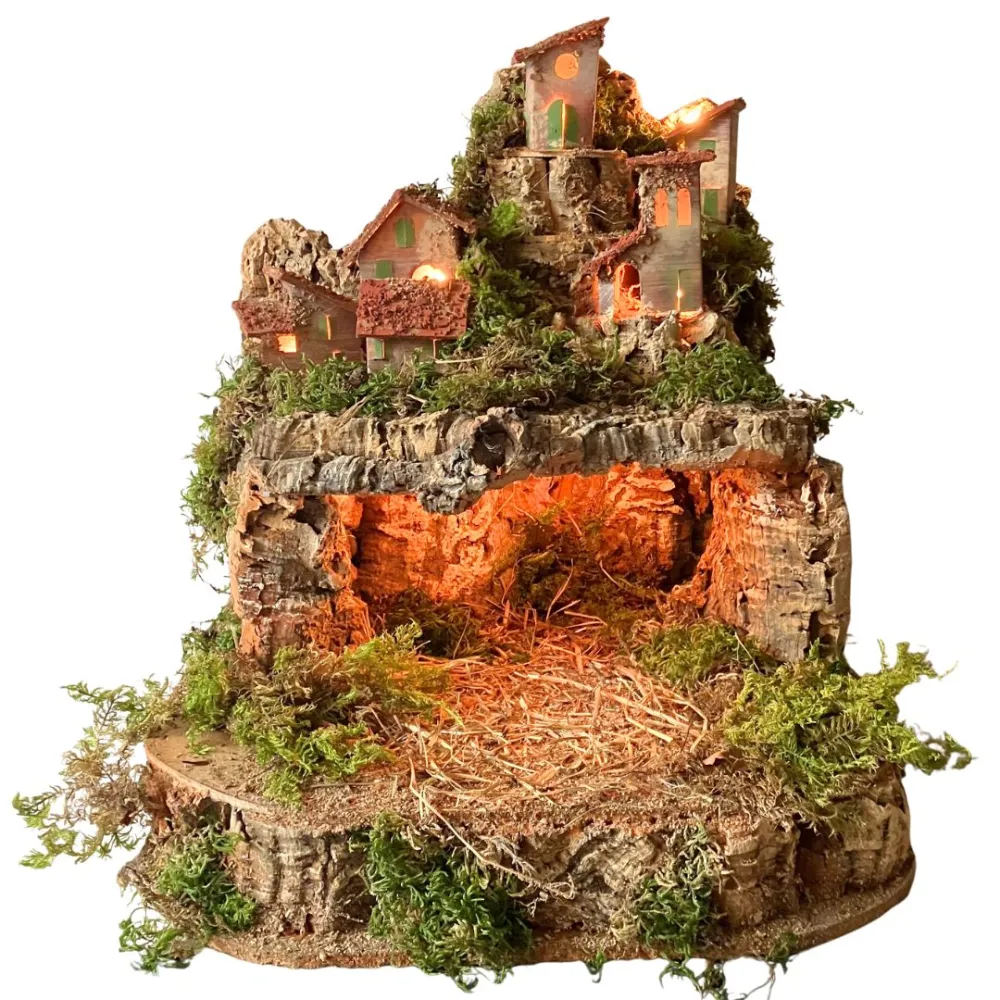 Borgo in legno e sughero per Natività 8-10 cm con doppia base e completo di luci