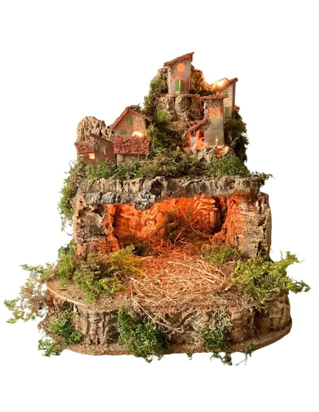 Borgo in legno e sughero per Natività 8-10 cm con doppia base e completo di luci