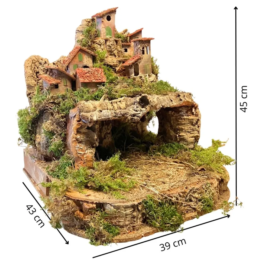 Borgo in legno e sughero per Natività 8-10 cm con doppia base e completo di luci