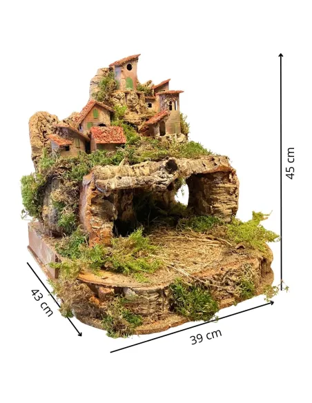 Borgo in legno e sughero per Natività 8-10 cm con doppia base e completo di luci