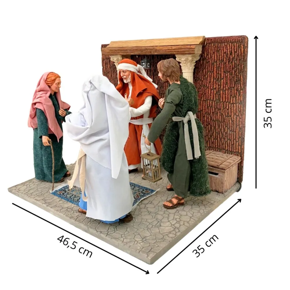 Gesù, Maria e Giuseppe al tempio con i maestri in resina 30 cm