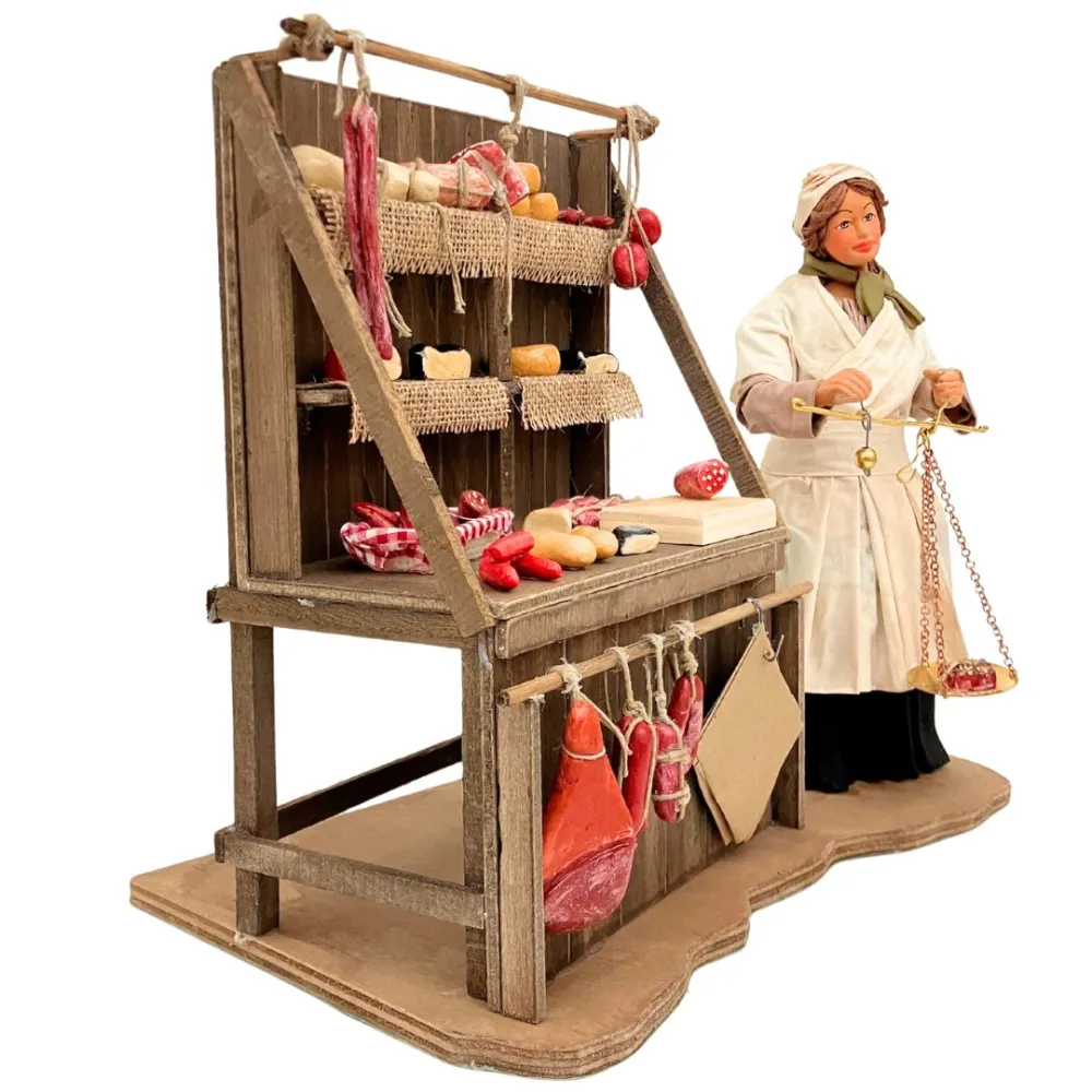 25 cm terracotta moving figure of a cheese and cold cuts seller