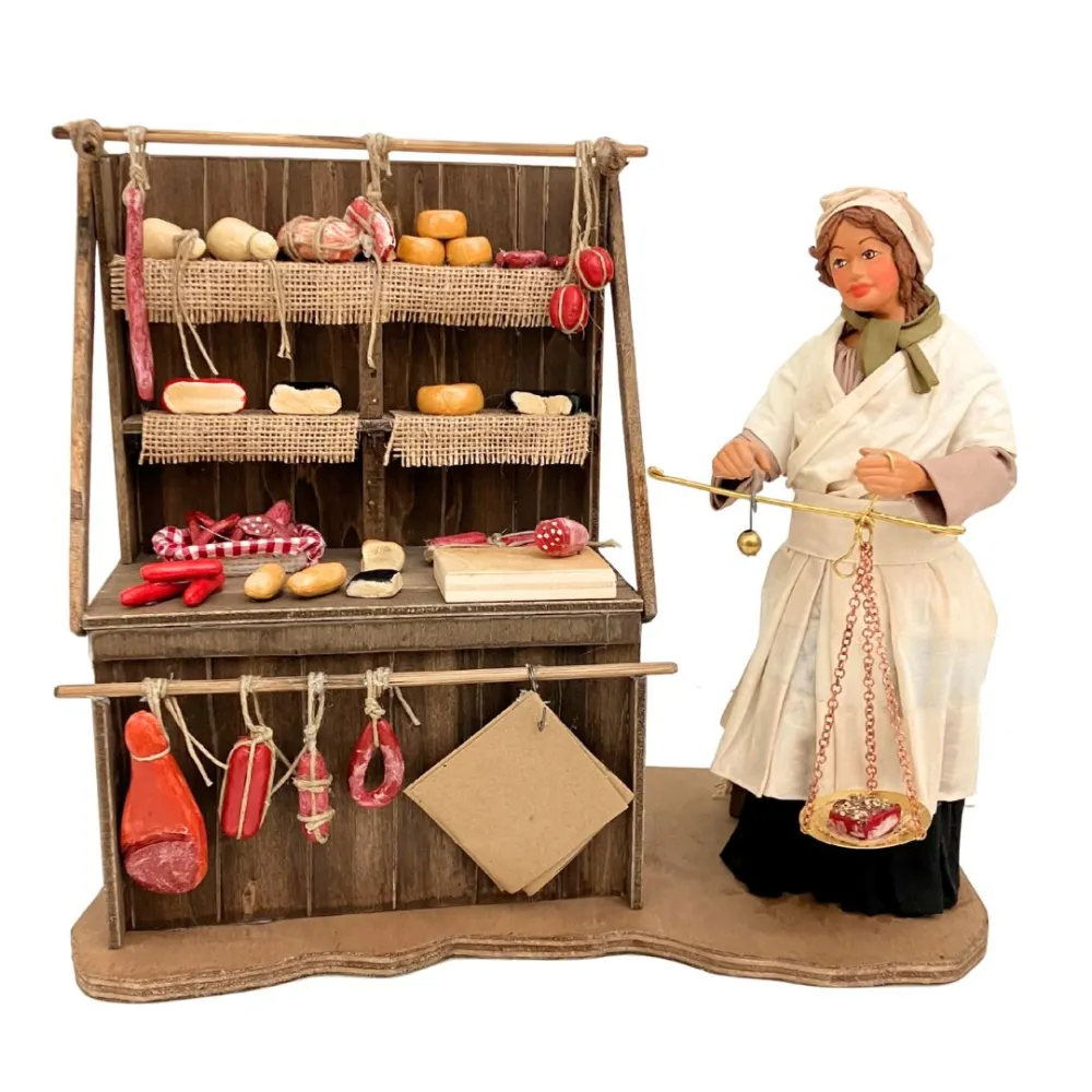25 cm terracotta moving figure of a cheese and cold cuts seller