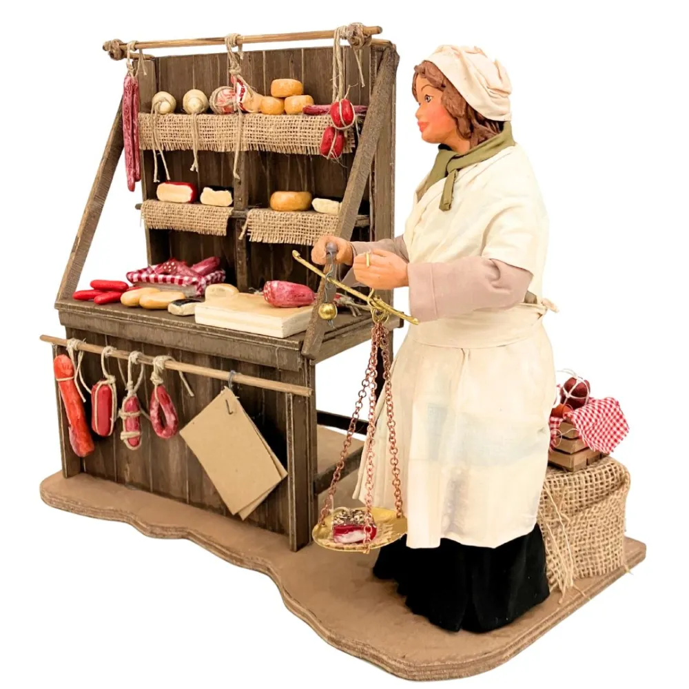 25 cm terracotta moving figure of a cheese and cold cuts seller