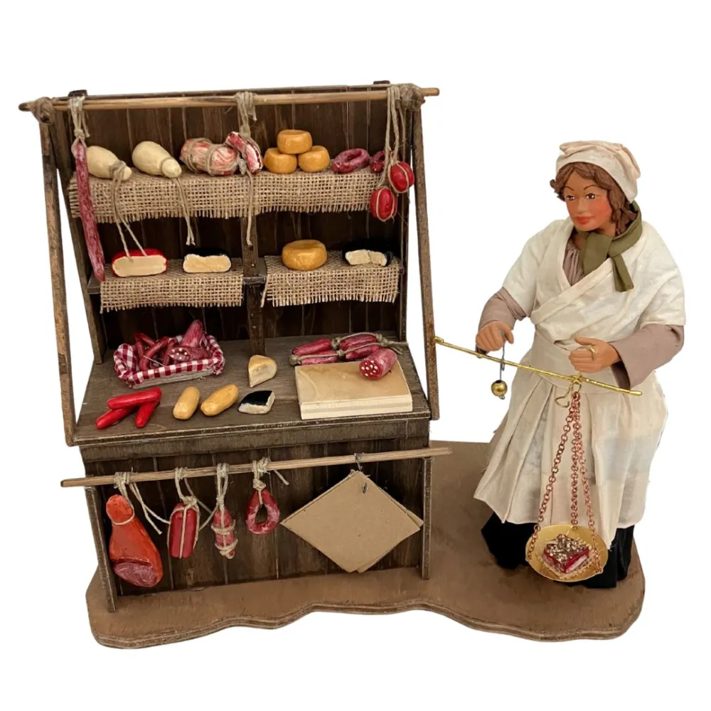 25 cm terracotta moving figure of a cheese and cold cuts seller