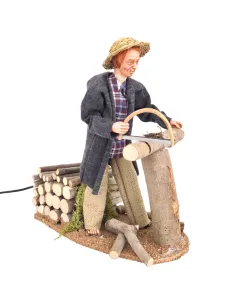 Animated Traditional Woodcutter with Bow Saw - 30 cm
