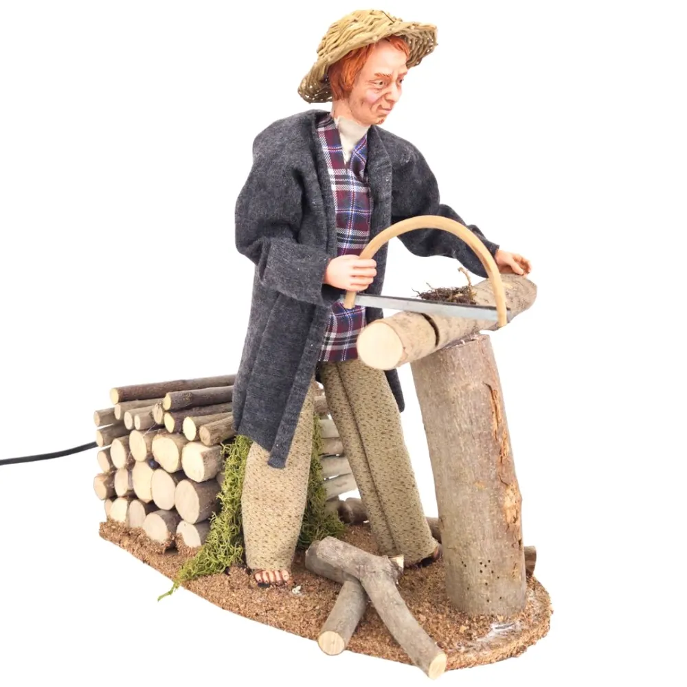 Animated Traditional Woodcutter with Bow Saw - 30 cm