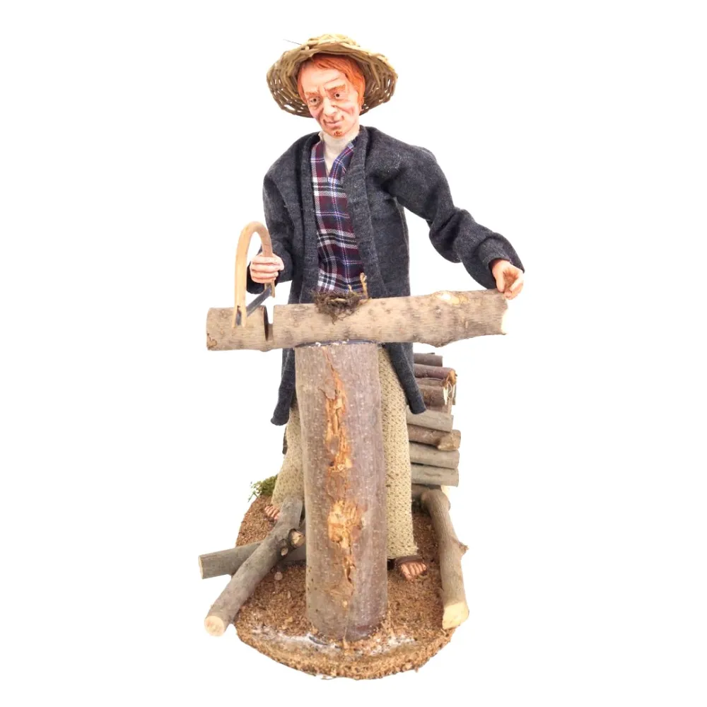 Animated Traditional Woodcutter with Bow Saw - 30 cm