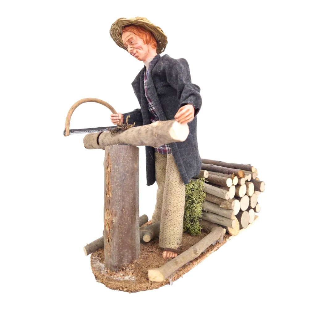 Animated Traditional Woodcutter with Bow Saw - 30 cm