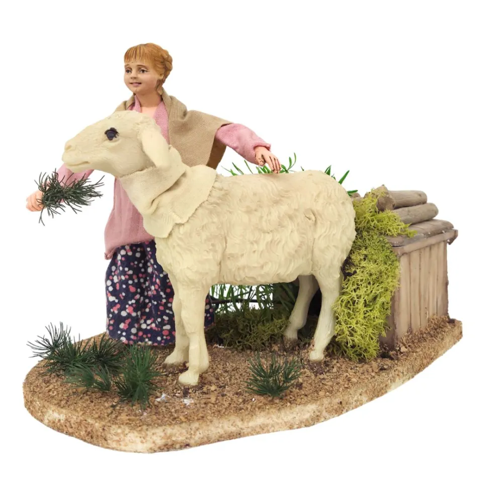 Animated Little Girl Petting a Sheep for 30 cm Nativity Figures
