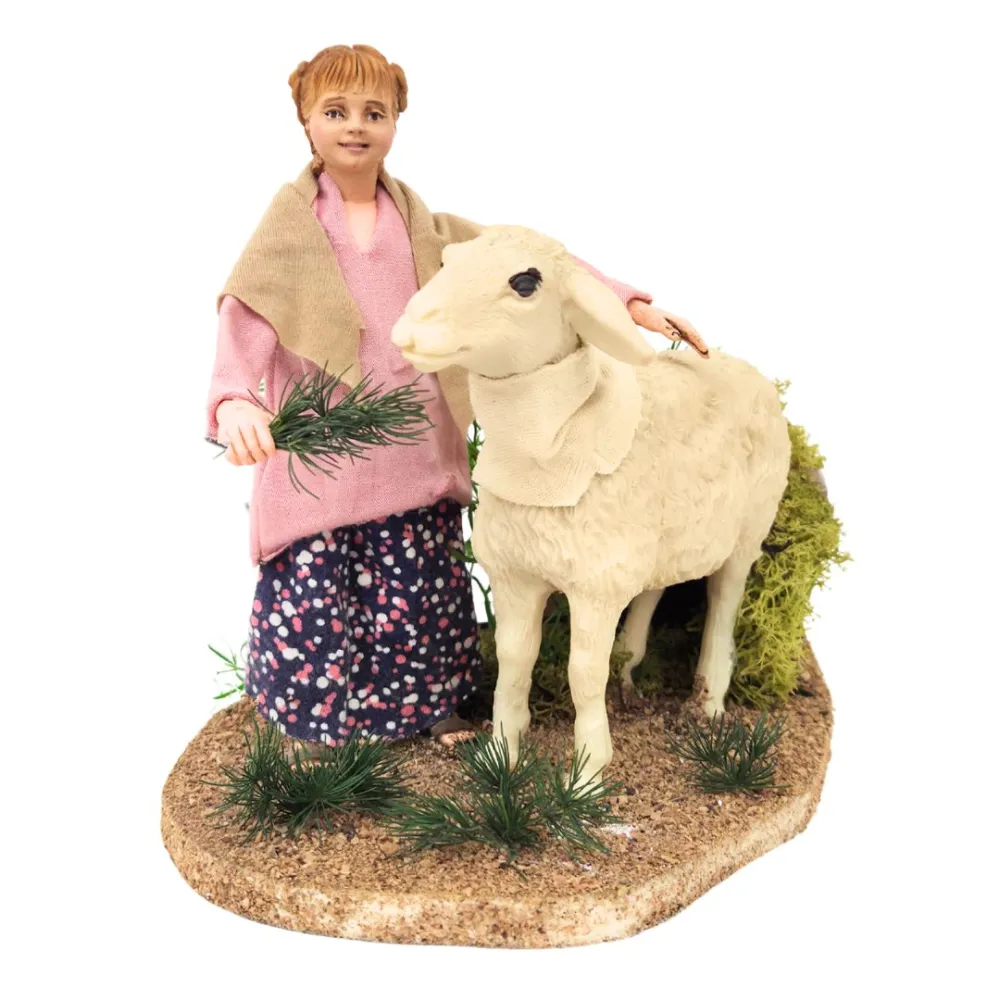 Little girl petting sheep with movement for 30 cm nativity figures