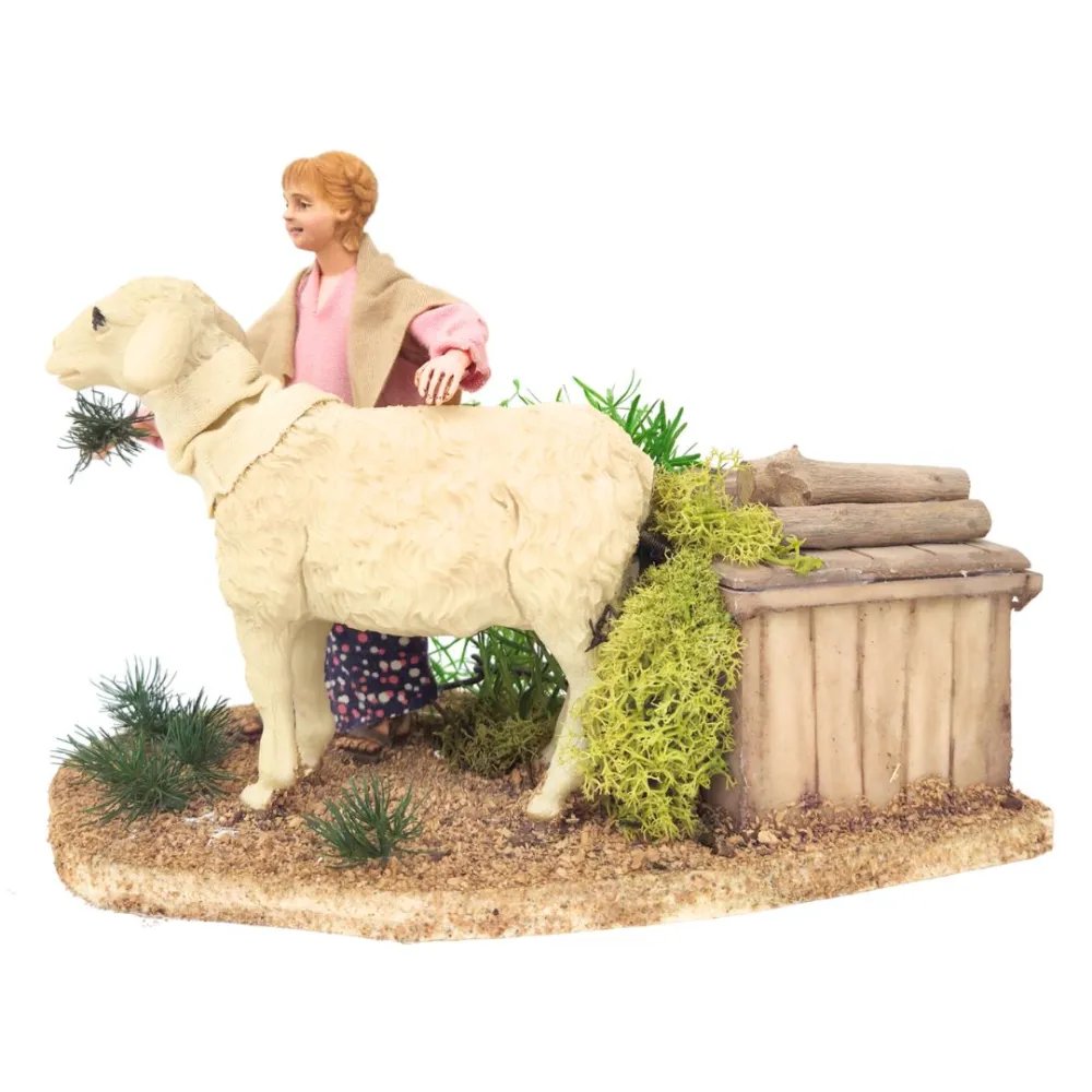 Little girl petting sheep with movement for 30 cm nativity figures
