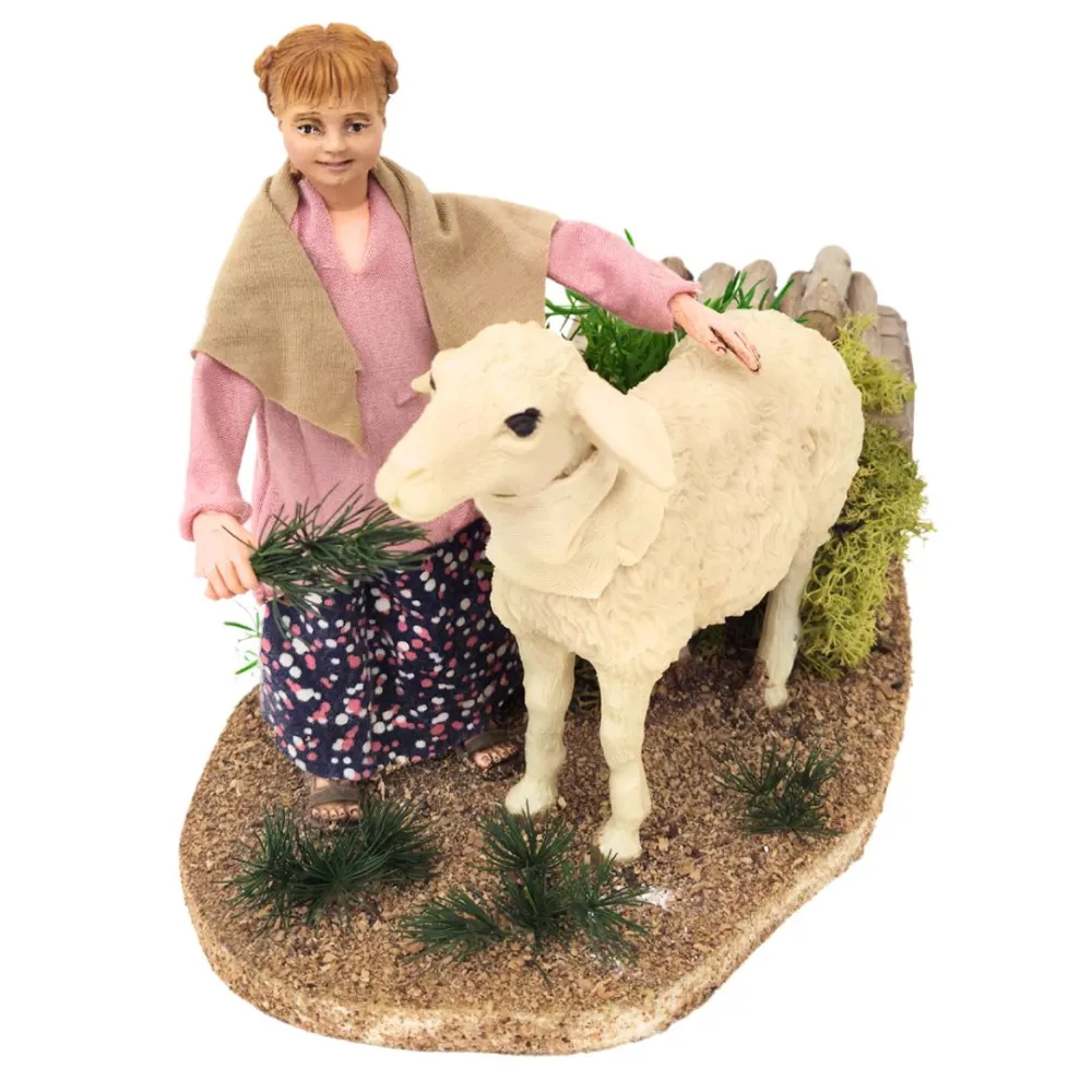 Animated Little Girl Petting a Sheep for 30 cm Nativity Figures
