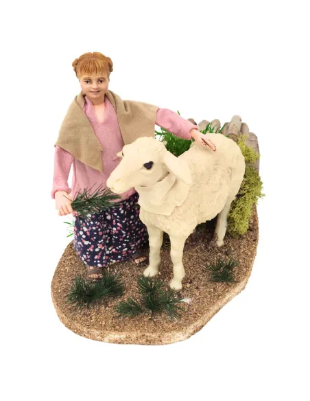 Animated Little Girl Petting a Sheep for 30 cm Nativity Figures