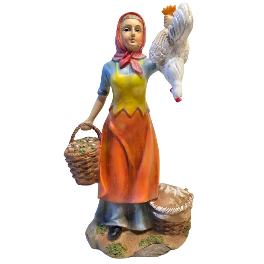 Contadina con gallo e cesti in resina 30 cm