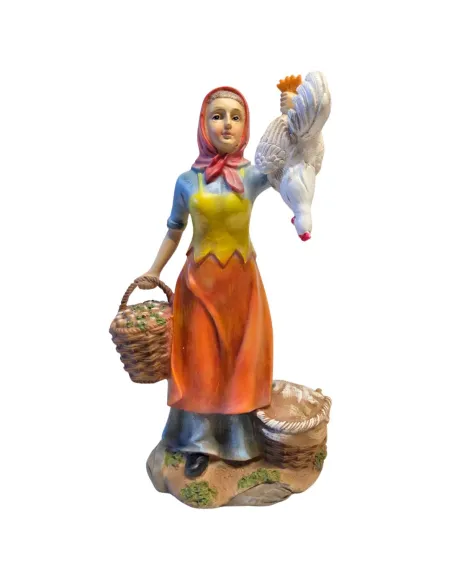 Resin farm woman with rooster and baskets – 30 cm