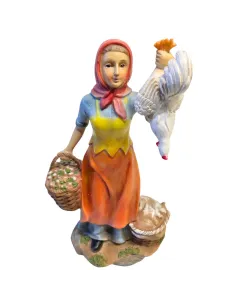 Resin farm woman with rooster and baskets – 30 cm