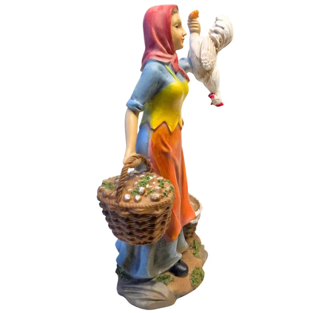 Resin farm woman with rooster and baskets – 30 cm