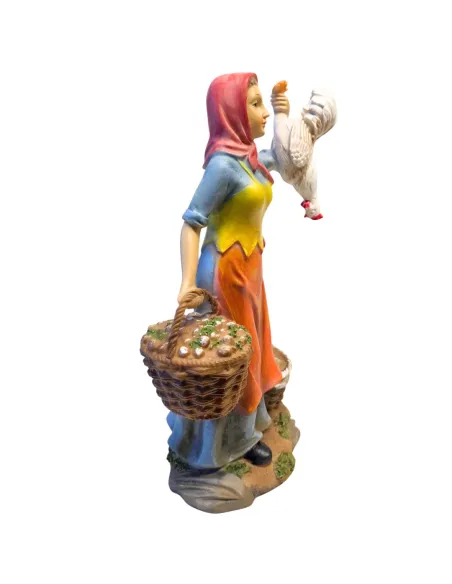 Resin farm woman with rooster and baskets – 30 cm