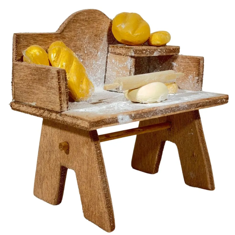 Wooden Baker's Workbench with Plaster Bread for 8–10 cm Nativity Figures