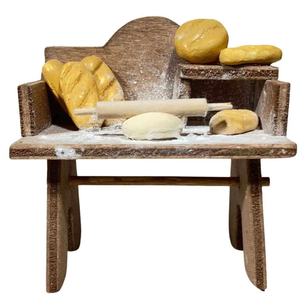 Wooden Baker's Workbench with Plaster Bread for 8–10 cm Nativity Figures