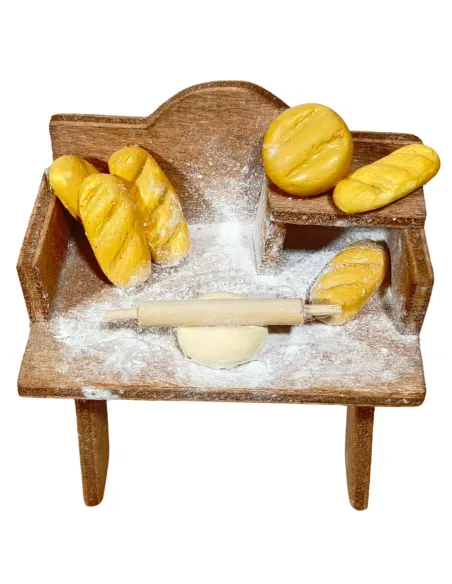 Wooden Baker's Workbench with Plaster Bread for 8–10 cm Nativity Figures