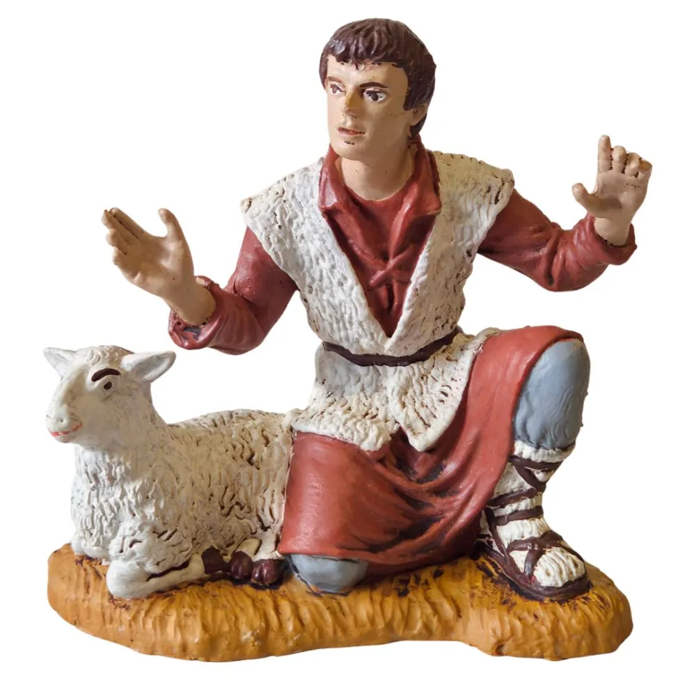 Kneeling adoring shepherd with sheep – 15 cm