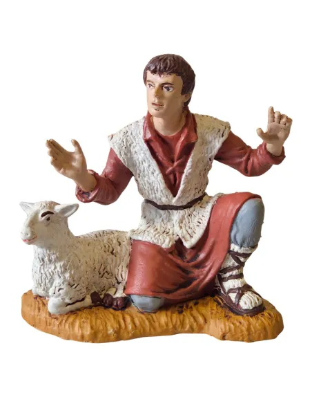 Kneeling adoring shepherd with sheep – 15 cm