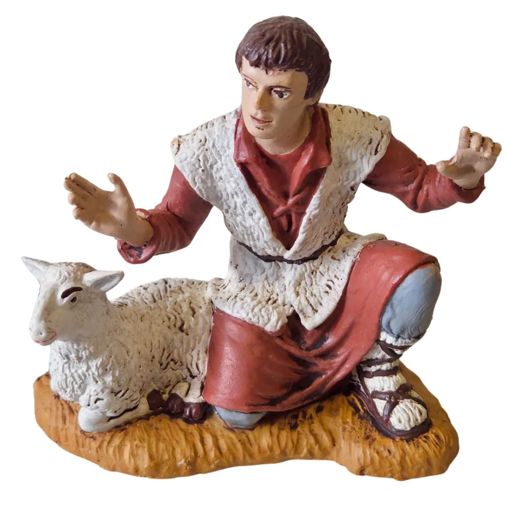 Kneeling adoring shepherd with sheep – 15 cm